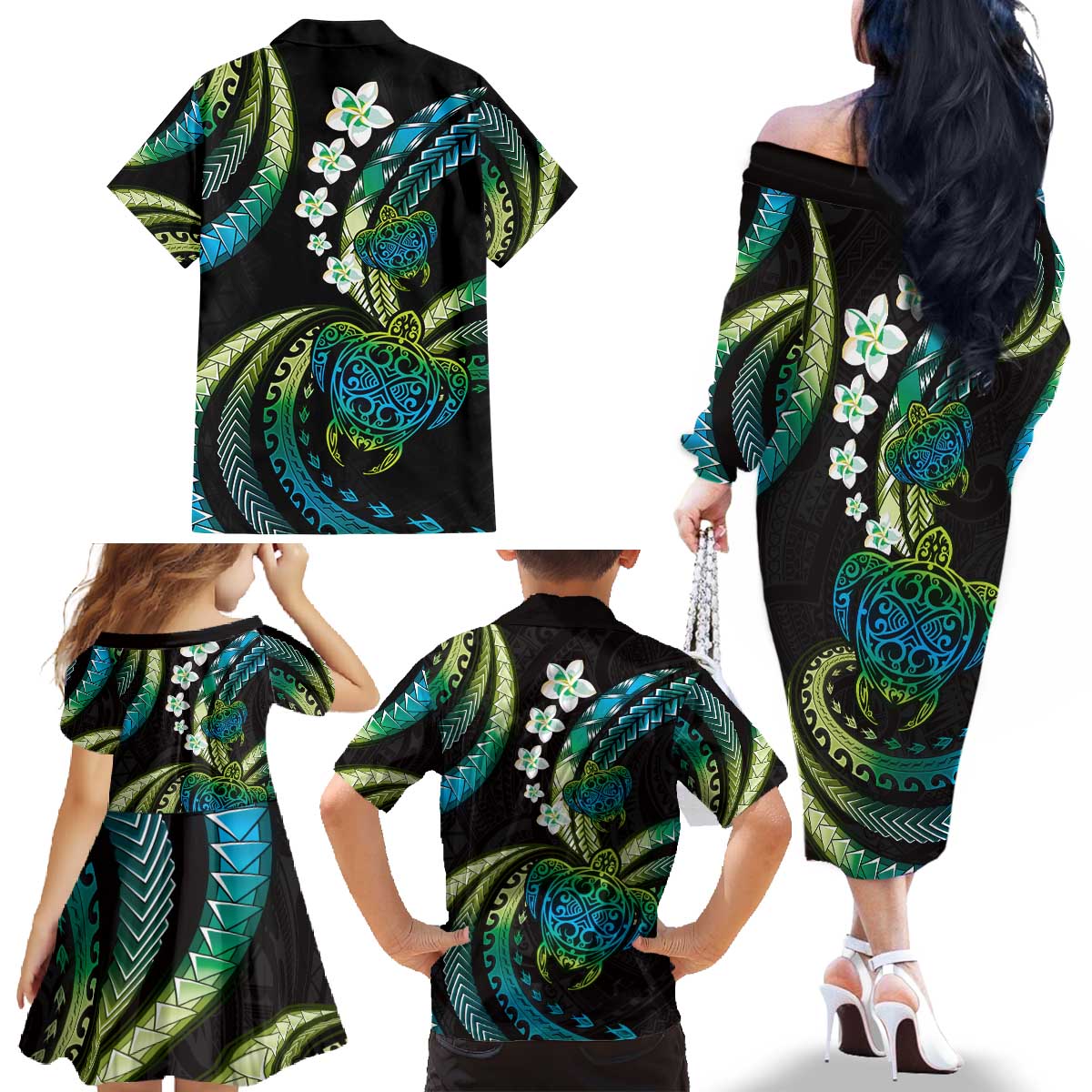 Hawaii Turtles Plumeria Family Matching Off The Shoulder Long Sleeve Dress and Hawaiian Shirt Chartreuse Cyan Polynesian Pattern