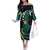 Hawaii Turtles Plumeria Family Matching Off The Shoulder Long Sleeve Dress and Hawaiian Shirt Chartreuse Cyan Polynesian Pattern