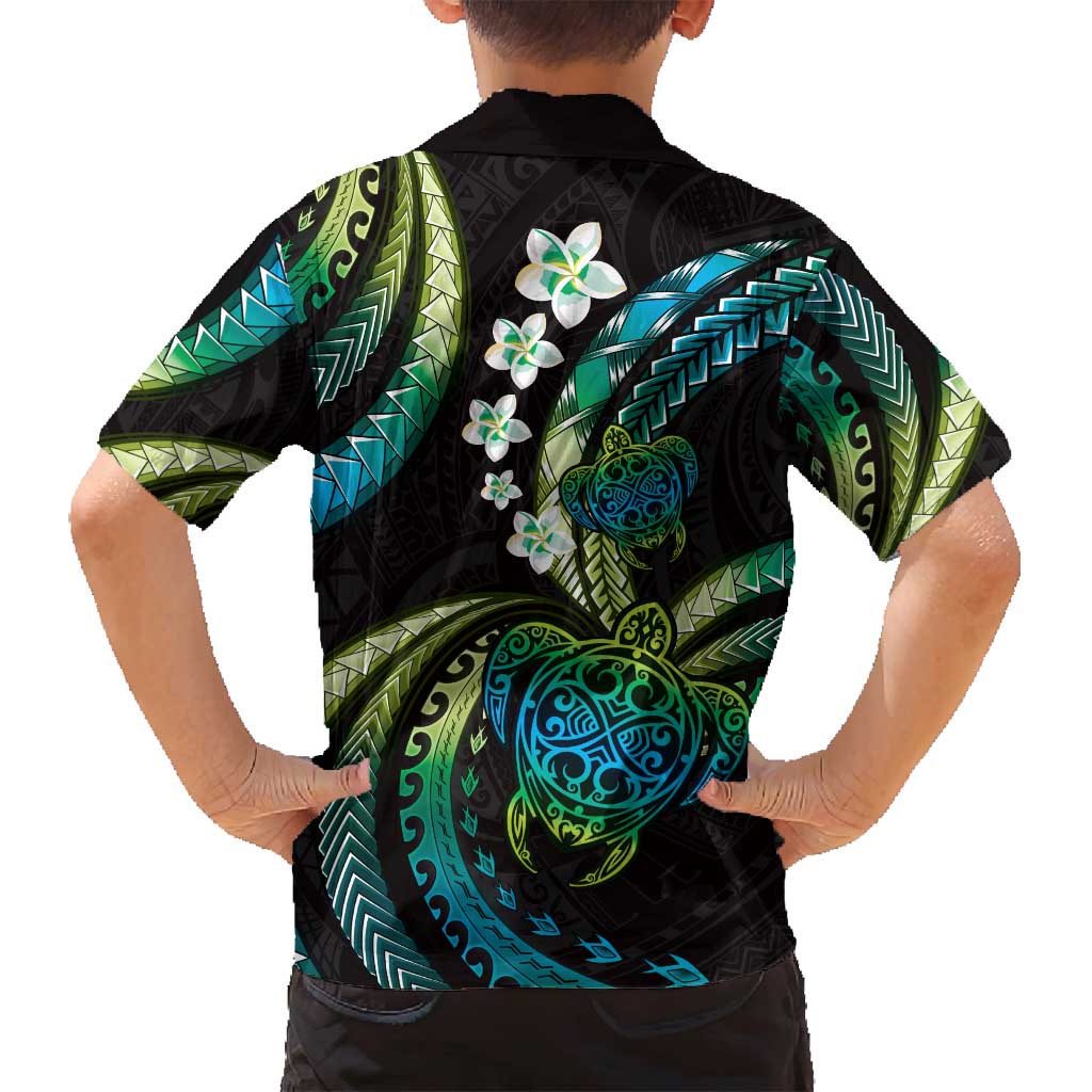 Hawaii Turtles Plumeria Family Matching Off Shoulder Maxi Dress and Hawaiian Shirt Chartreuse Cyan Polynesian Pattern