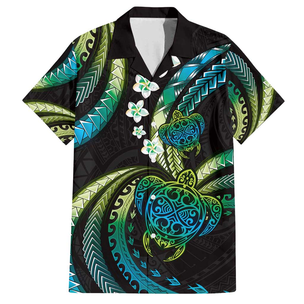 Hawaii Turtles Plumeria Family Matching Off Shoulder Maxi Dress and Hawaiian Shirt Chartreuse Cyan Polynesian Pattern
