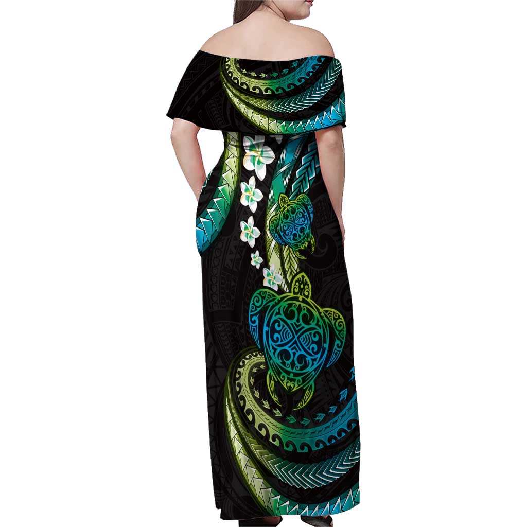 Hawaii Turtles Plumeria Family Matching Off Shoulder Maxi Dress and Hawaiian Shirt Chartreuse Cyan Polynesian Pattern