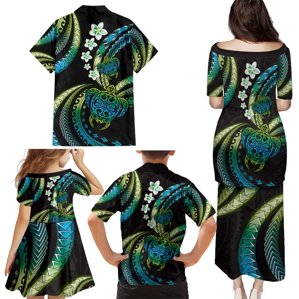 Hawaii Turtles Plumeria Family Matching Puletasi and Hawaiian Shirt Chartreuse Cyan Polynesian Pattern