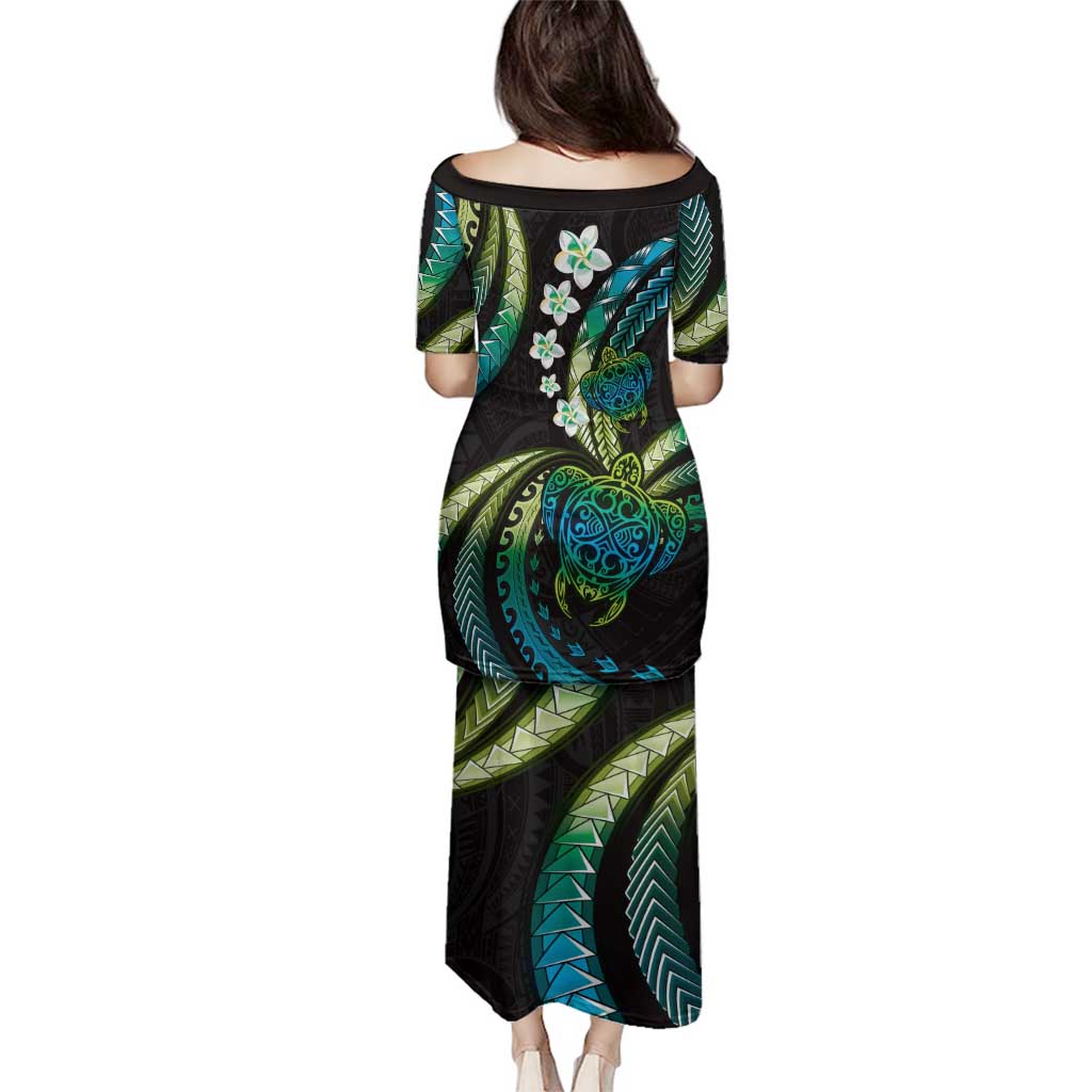 Hawaii Turtles Plumeria Family Matching Puletasi and Hawaiian Shirt Chartreuse Cyan Polynesian Pattern