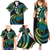 Hawaii Turtles Plumeria Family Matching Summer Maxi Dress and Hawaiian Shirt Chartreuse Cyan Polynesian Pattern