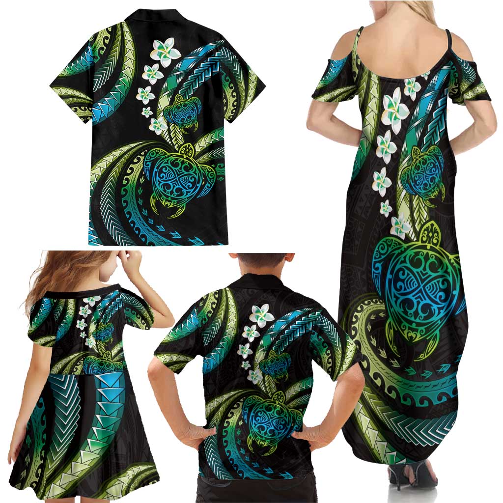 Hawaii Turtles Plumeria Family Matching Summer Maxi Dress and Hawaiian Shirt Chartreuse Cyan Polynesian Pattern