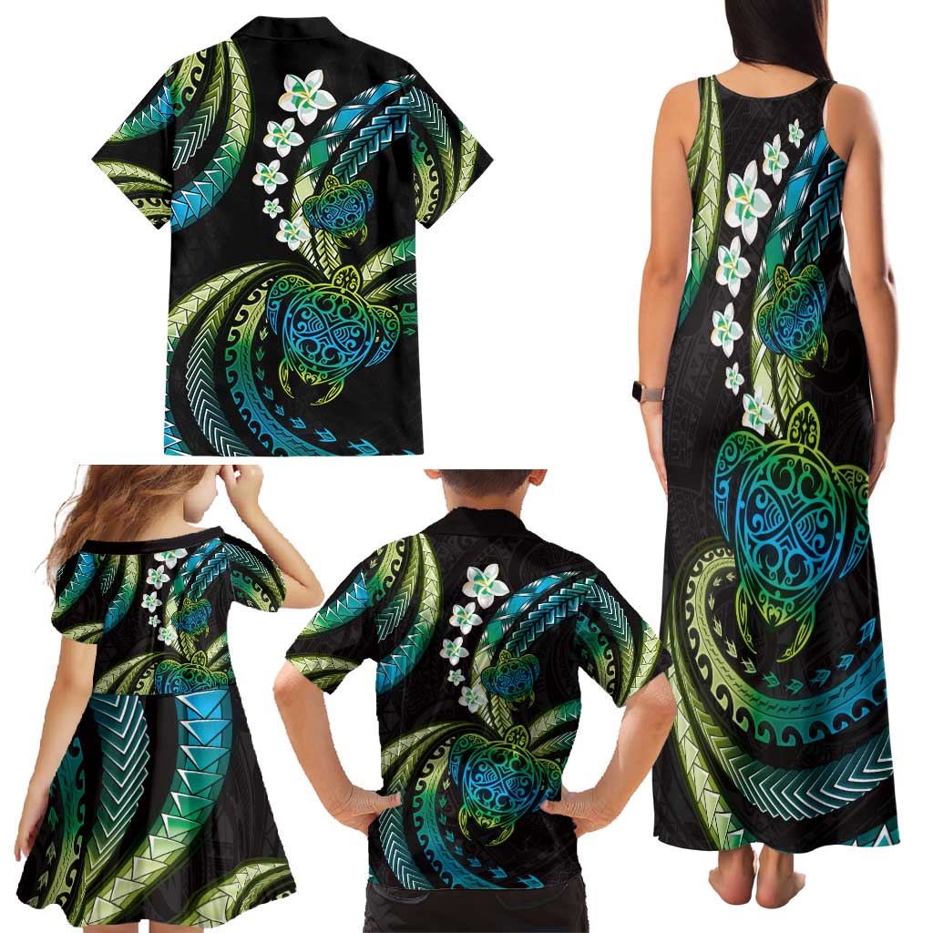 Hawaii Turtles Plumeria Family Matching Tank Maxi Dress and Hawaiian Shirt Chartreuse Cyan Polynesian Pattern