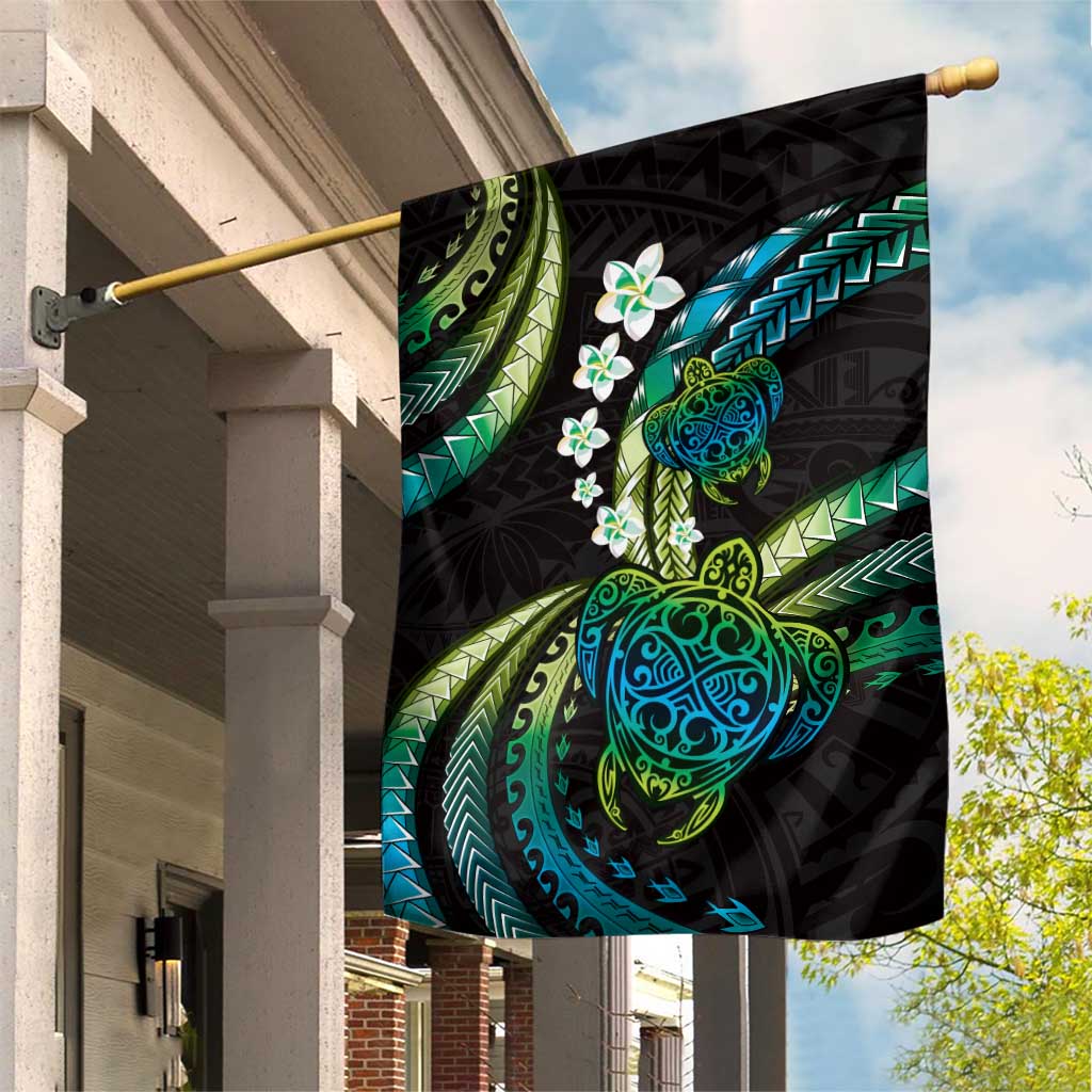 Hawaii Turtles Plumeria Garden Flag Chartreuse Cyan Polynesian Pattern