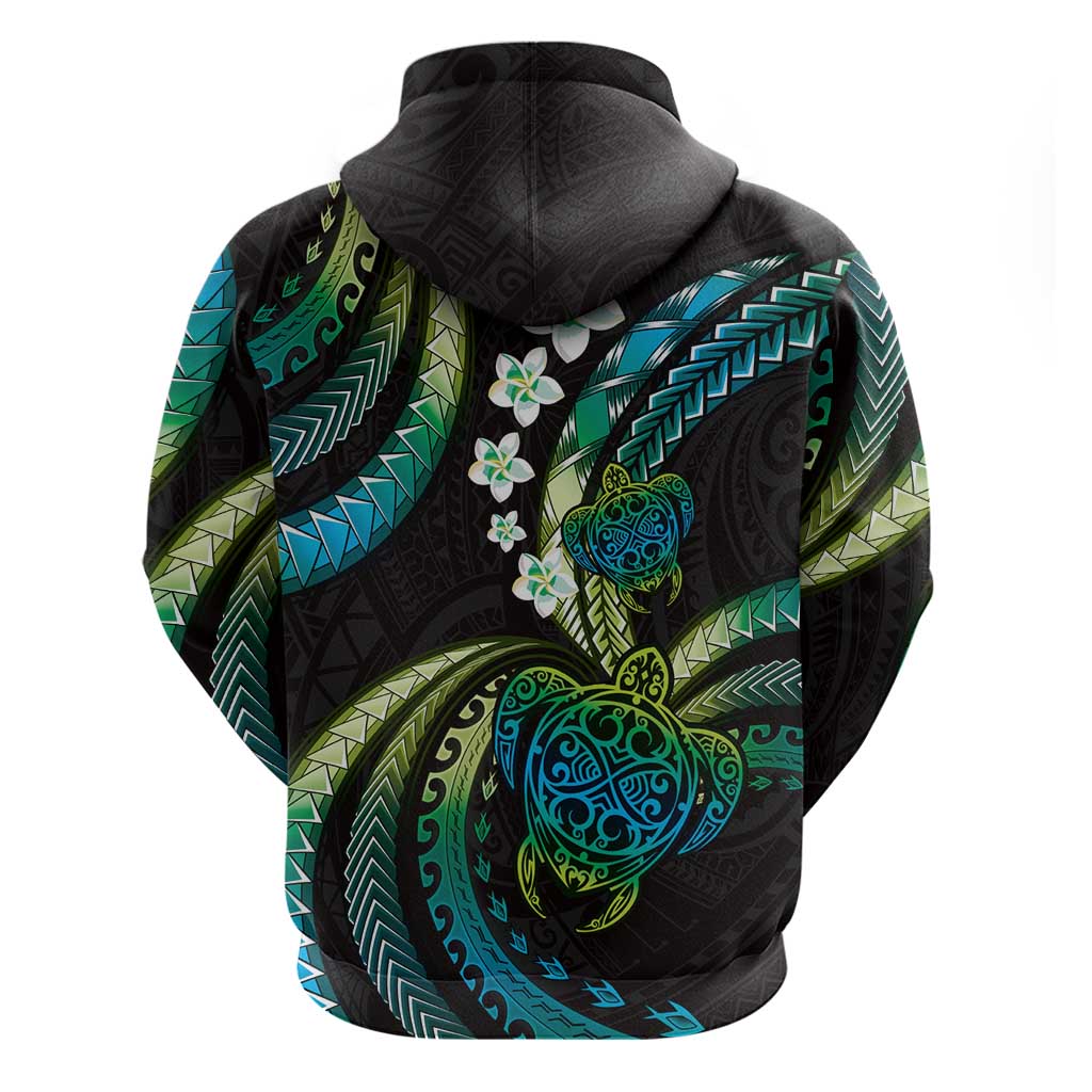 Hawaii Turtles Plumeria Hoodie Chartreuse Cyan Polynesian Pattern