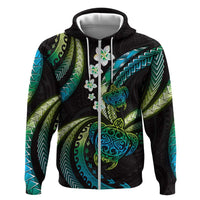 Hawaii Turtles Plumeria Hoodie Chartreuse Cyan Polynesian Pattern