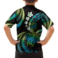 Hawaii Turtles Plumeria Kid Hawaiian Shirt Chartreuse Cyan Polynesian Pattern