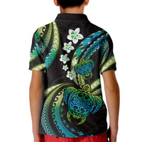 Hawaii Turtles Plumeria Kid Polo Shirt Chartreuse Cyan Polynesian Pattern
