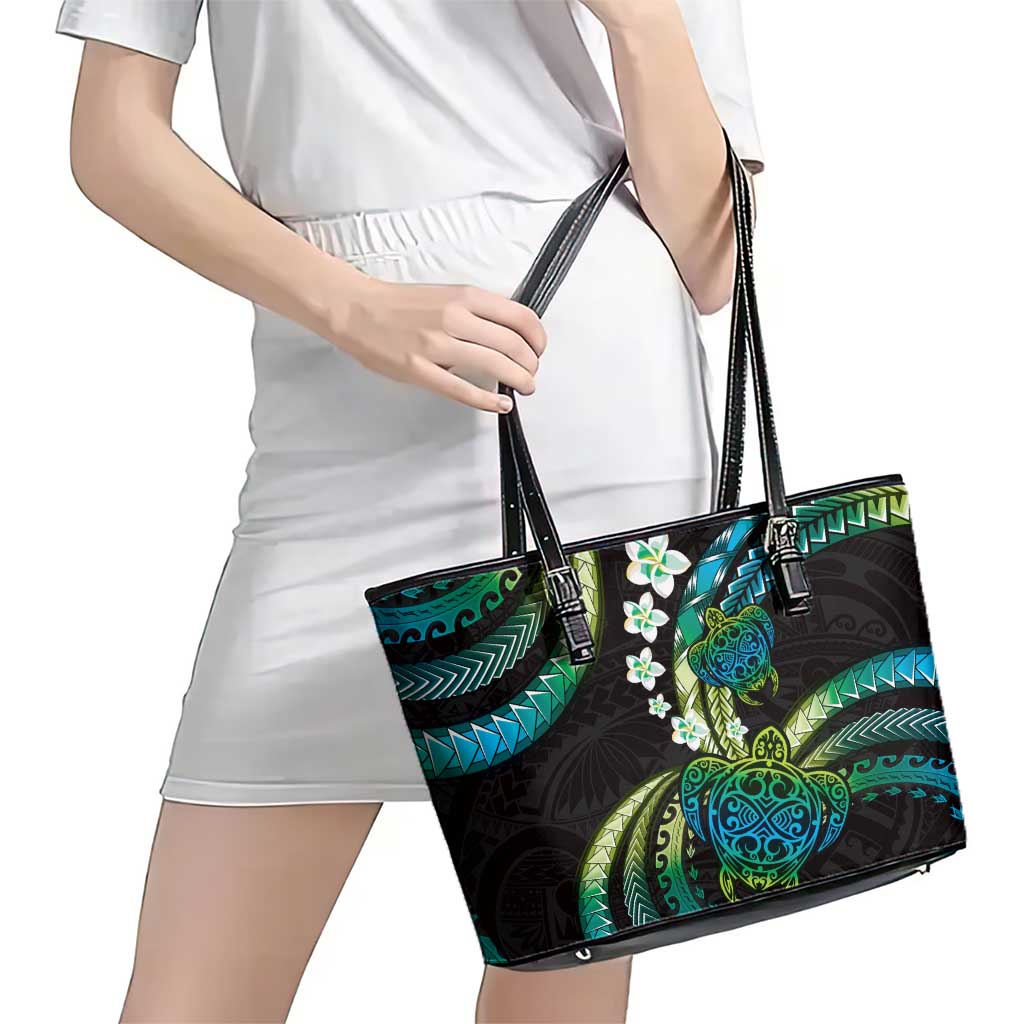 Hawaii Turtles Plumeria Leather Tote Bag Chartreuse Cyan Polynesian Pattern