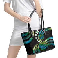 Hawaii Turtles Plumeria Leather Tote Bag Chartreuse Cyan Polynesian Pattern
