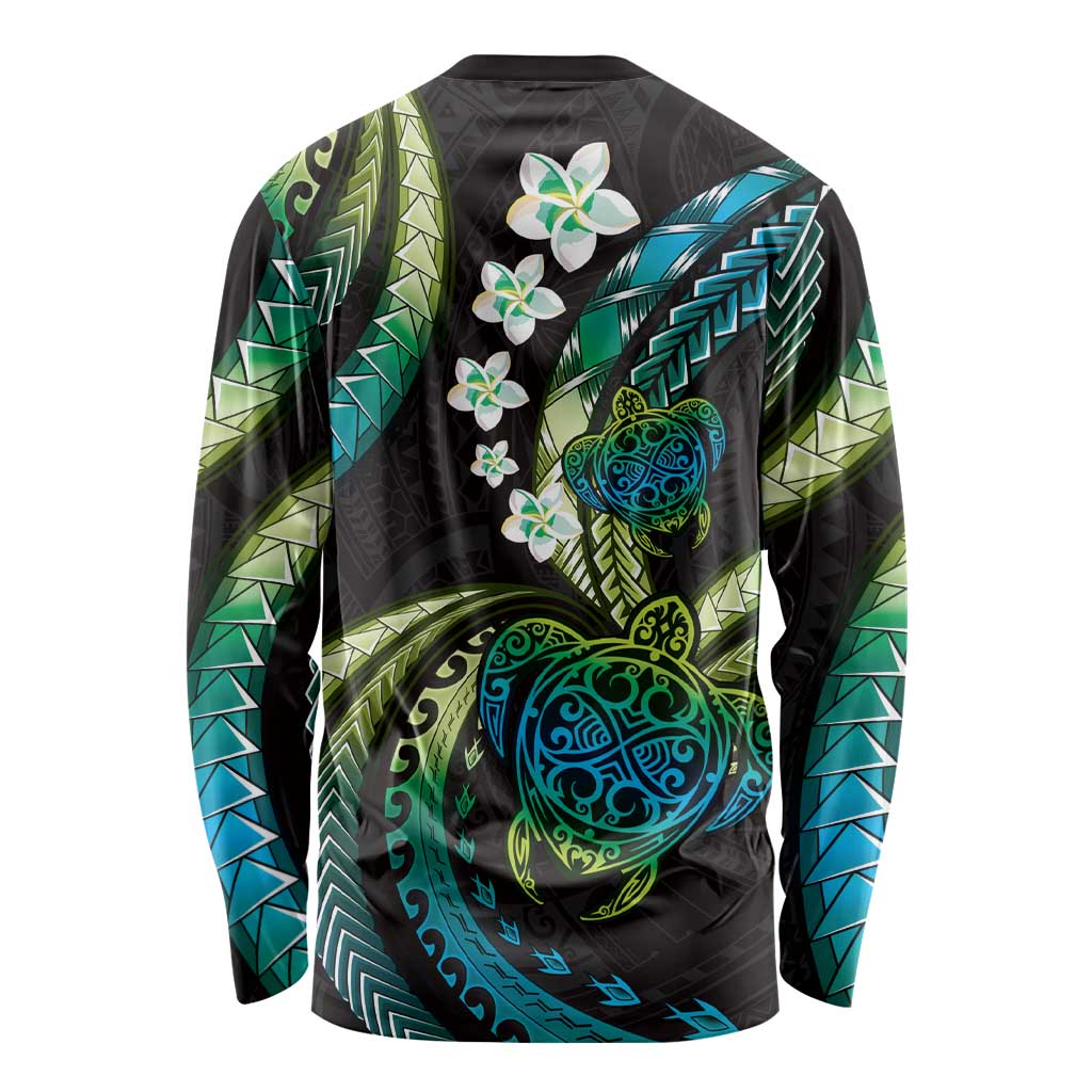 Hawaii Turtles Plumeria Long Sleeve Shirt Chartreuse Cyan Polynesian Pattern