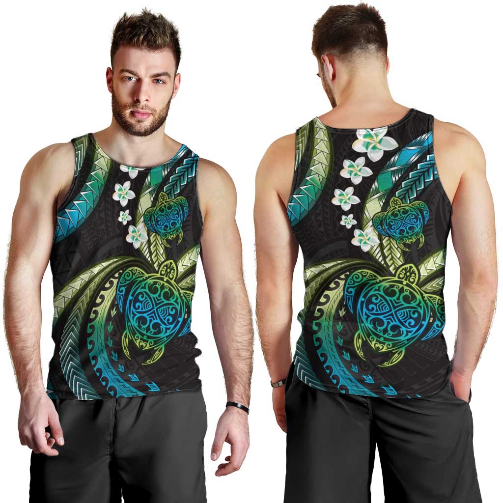 Hawaii Turtles Plumeria Men Tank Top Chartreuse Cyan Polynesian Pattern