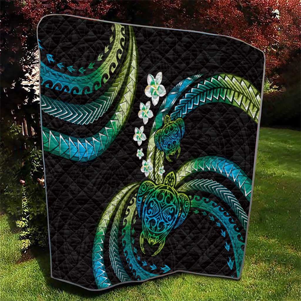Hawaii Turtles Plumeria Quilt Chartreuse Cyan Polynesian Pattern