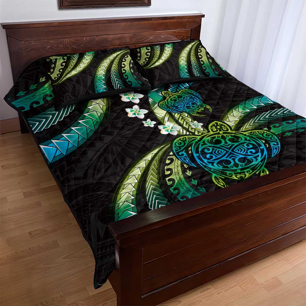 Hawaii Turtles Plumeria Quilt Bed Set Chartreuse Cyan Polynesian Pattern