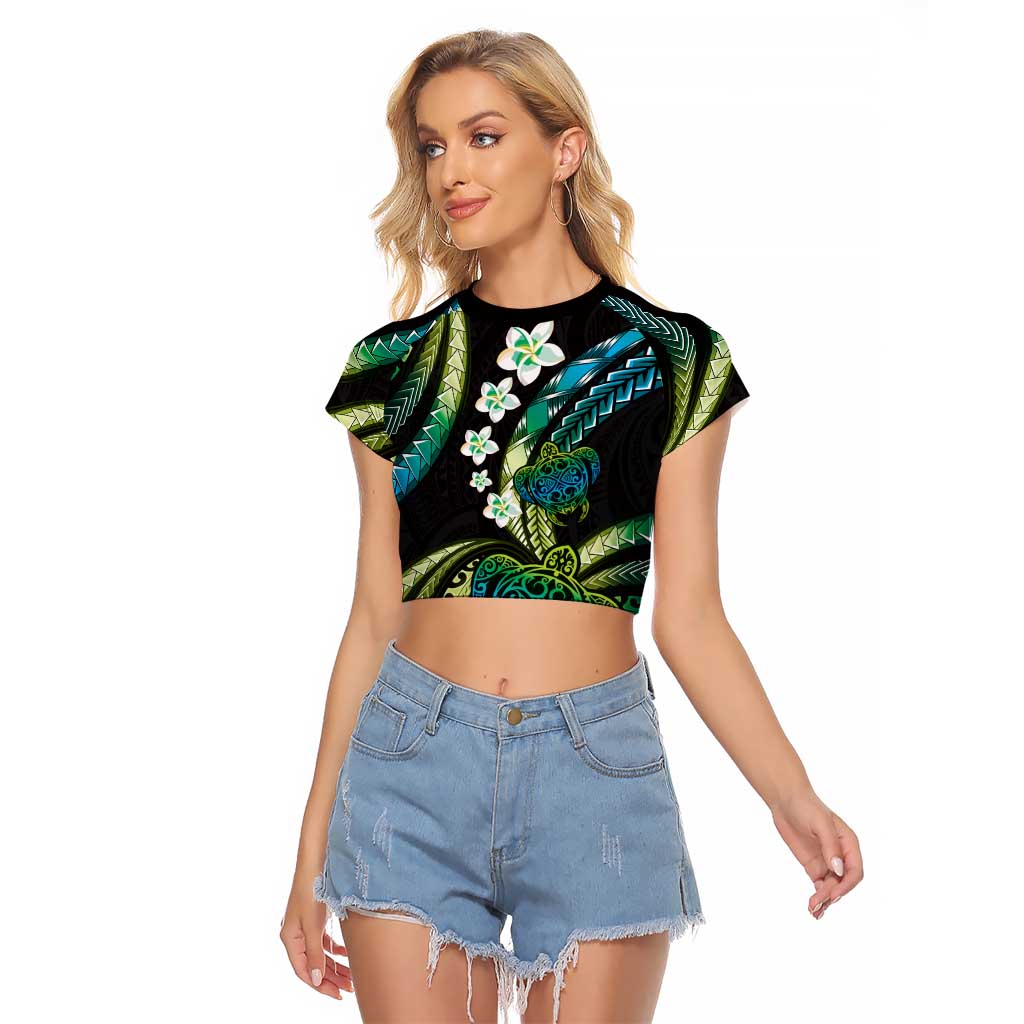 Hawaii Turtles Plumeria Raglan Cropped T Shirt Chartreuse Cyan Polynesian Pattern
