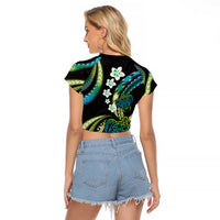 Hawaii Turtles Plumeria Raglan Cropped T Shirt Chartreuse Cyan Polynesian Pattern