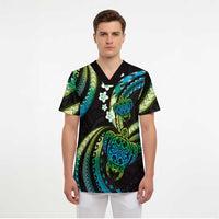 Hawaii Turtles Plumeria Scrub Top Chartreuse Cyan Polynesian Pattern - Polynesian Pride