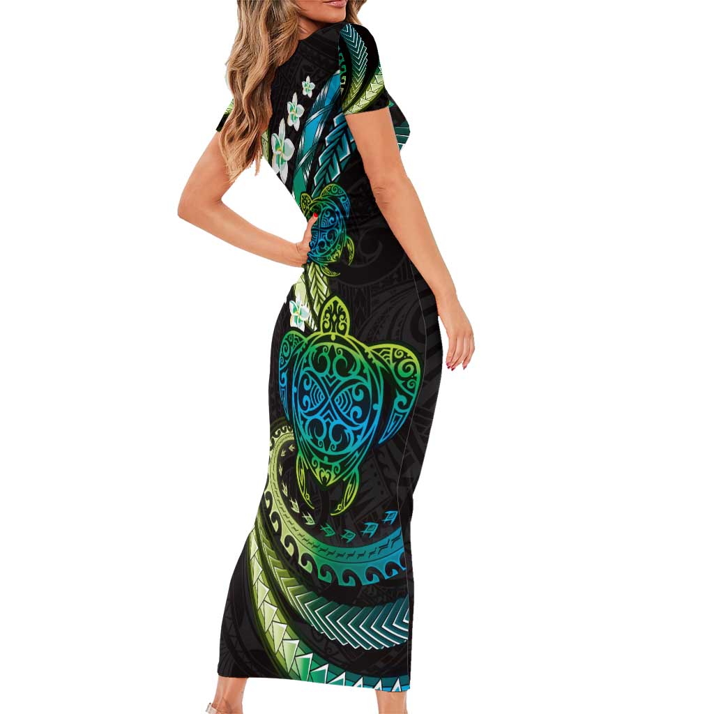 Hawaii Turtles Plumeria Short Sleeve Bodycon Dress Chartreuse Cyan Polynesian Pattern