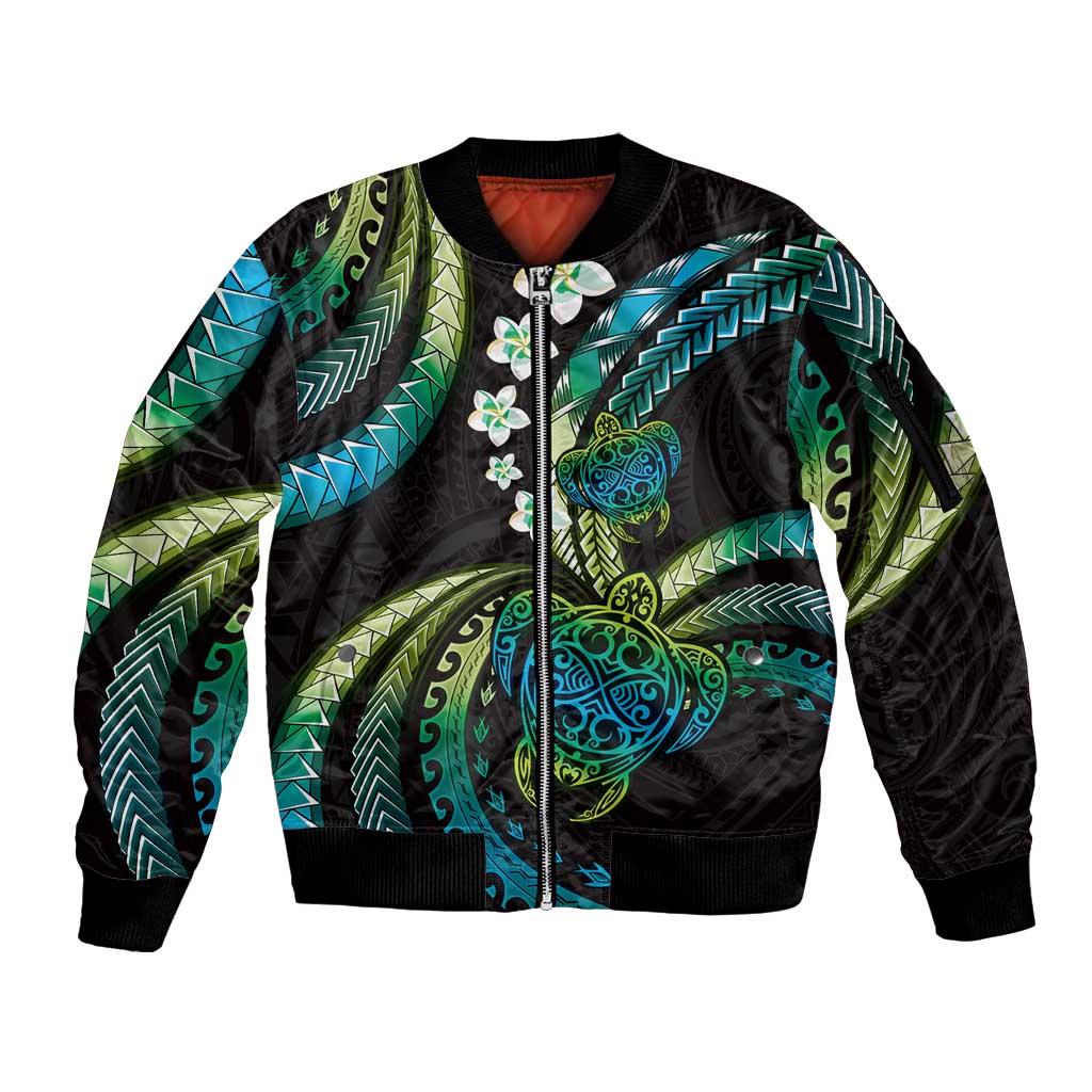 Hawaii Turtles Plumeria Sleeve Zip Bomber Jacket Chartreuse Cyan Polynesian Pattern