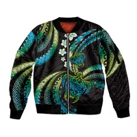 Hawaii Turtles Plumeria Sleeve Zip Bomber Jacket Chartreuse Cyan Polynesian Pattern LT01 Unisex Cyan - Polynesian Pride