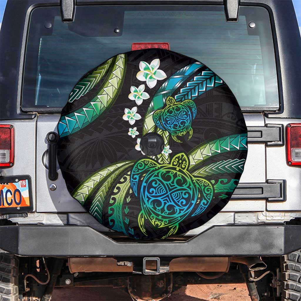 Hawaii Turtles Plumeria Spare Tire Cover Chartreuse Cyan Polynesian Pattern