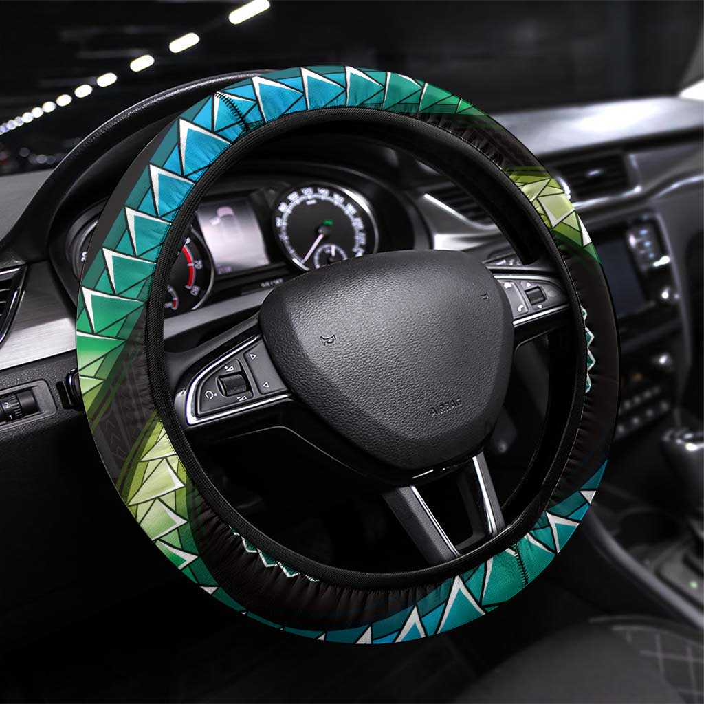 Hawaii Turtles Plumeria Steering Wheel Cover Chartreuse Cyan Polynesian Pattern