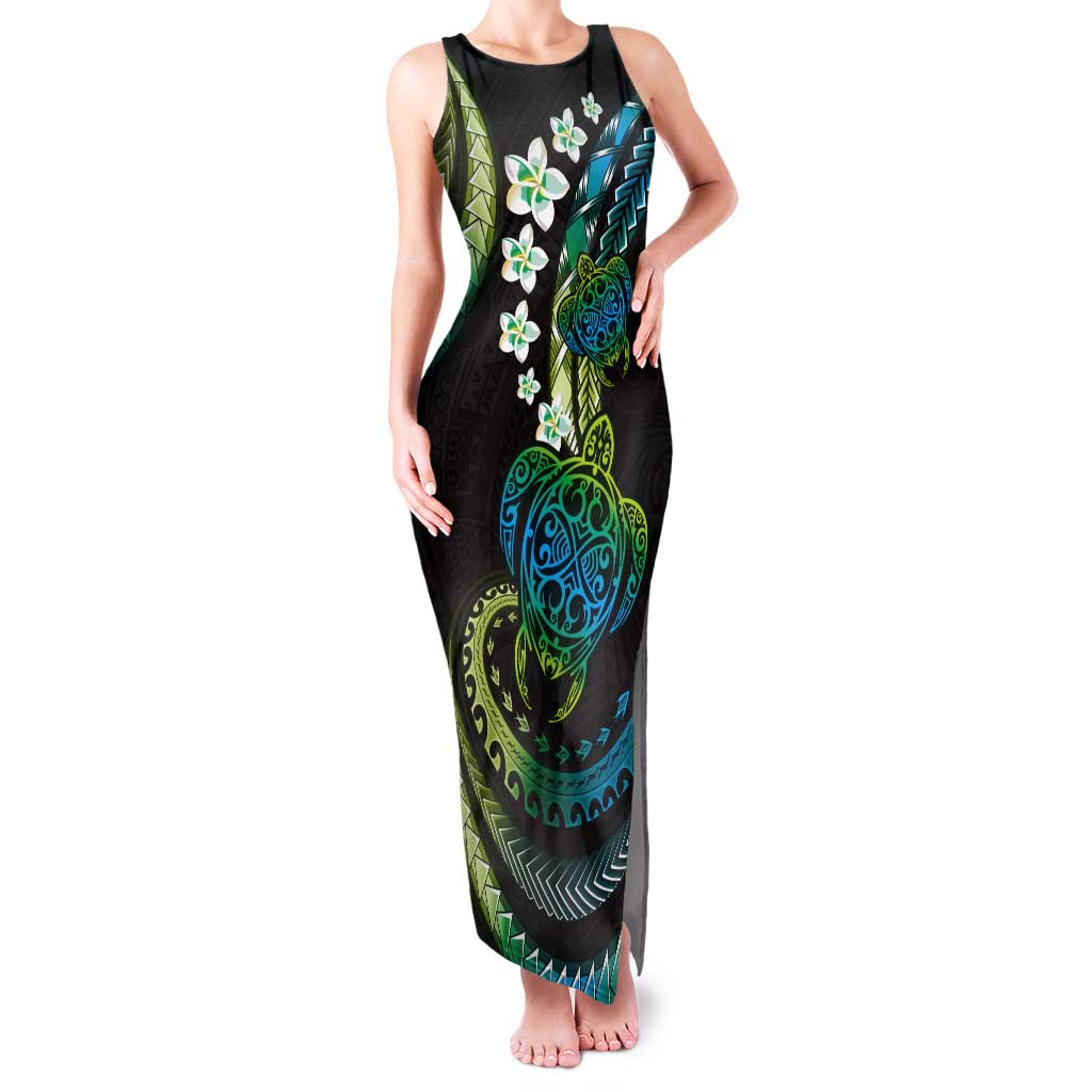 Hawaii Turtles Plumeria Tank Maxi Dress Chartreuse Cyan Polynesian Pattern