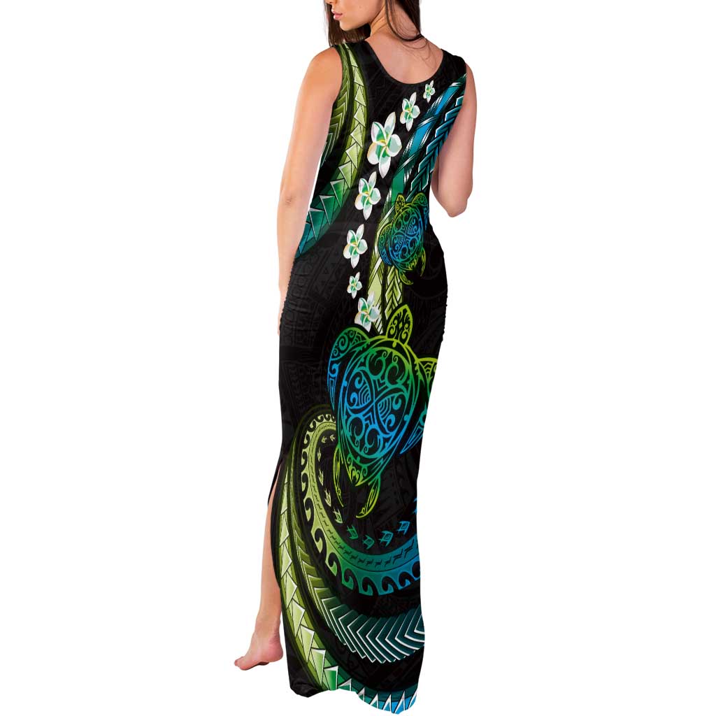 Hawaii Turtles Plumeria Tank Maxi Dress Chartreuse Cyan Polynesian Pattern