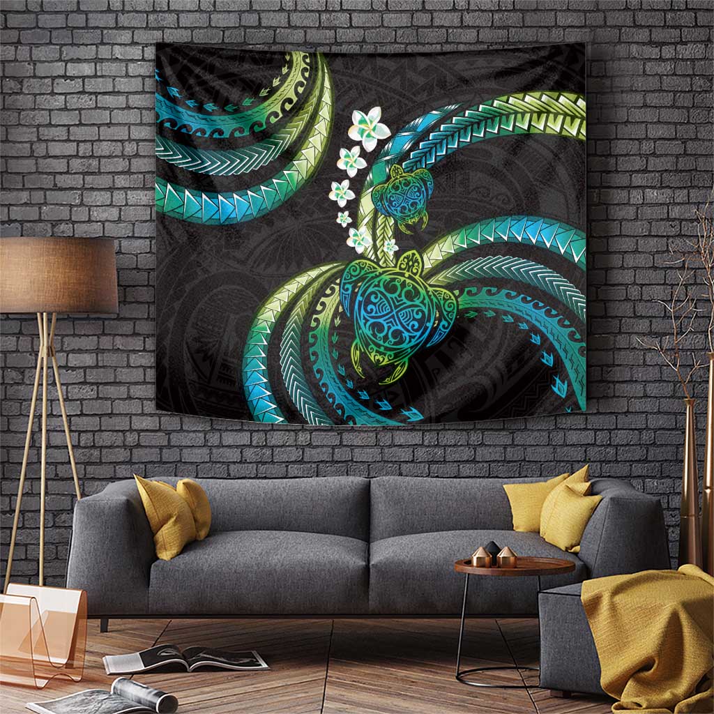 Hawaii Turtles Plumeria Tapestry Chartreuse Cyan Polynesian Pattern