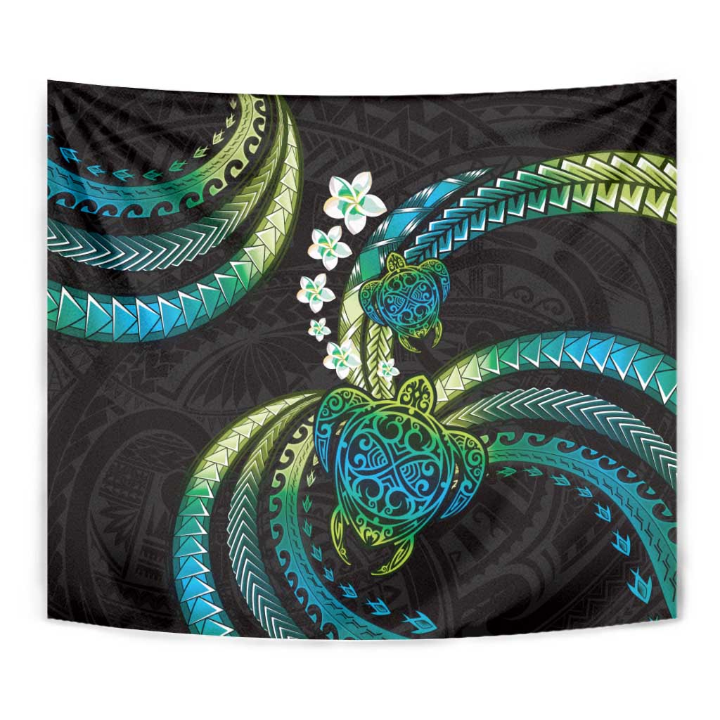 Hawaii Turtles Plumeria Tapestry Chartreuse Cyan Polynesian Pattern