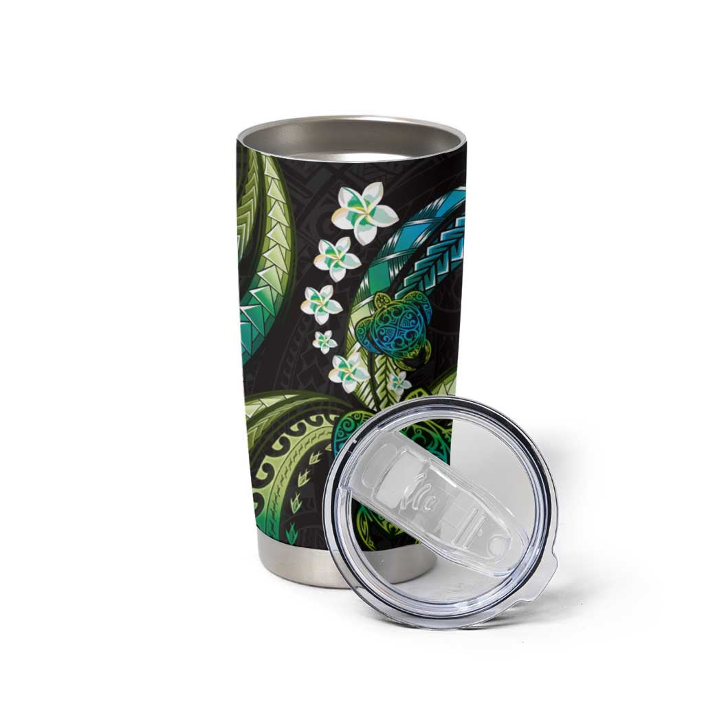 Hawaii Turtles Plumeria Tumbler Cup Chartreuse Cyan Polynesian Pattern