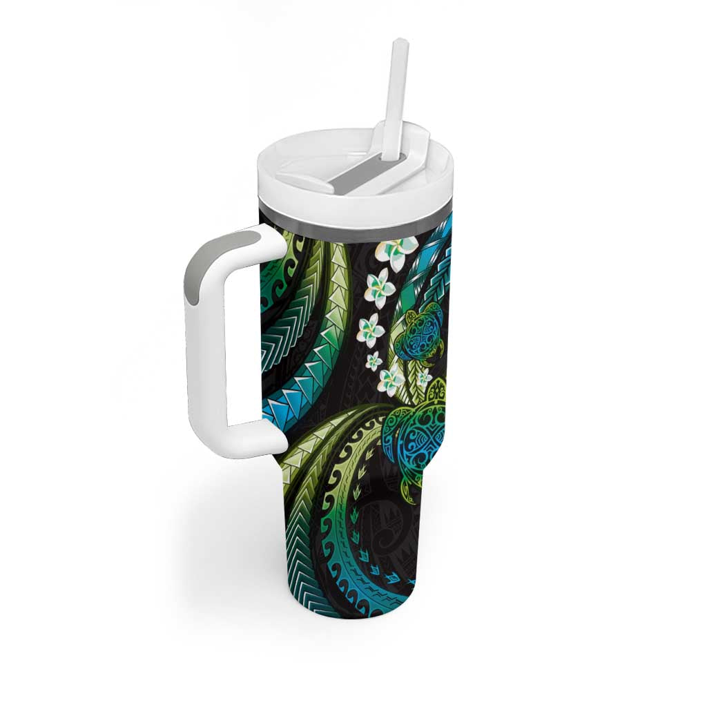 Hawaii Turtles Plumeria Tumbler With Handle Chartreuse Cyan Polynesian Pattern
