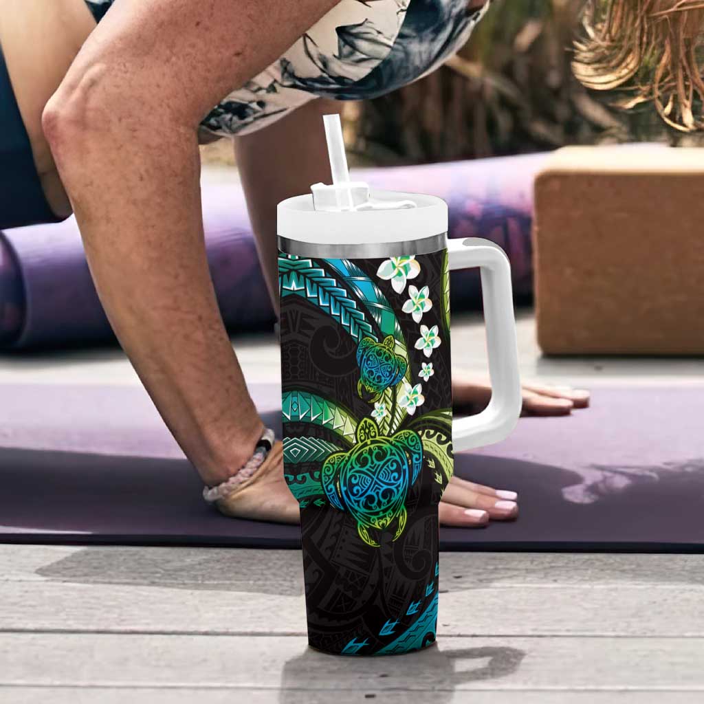 Hawaii Turtles Plumeria Tumbler With Handle Chartreuse Cyan Polynesian Pattern