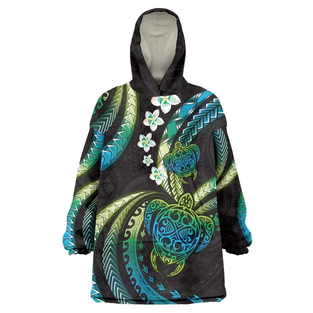 Hawaii Turtles Plumeria Wearable Blanket Hoodie Chartreuse Cyan Polynesian Pattern