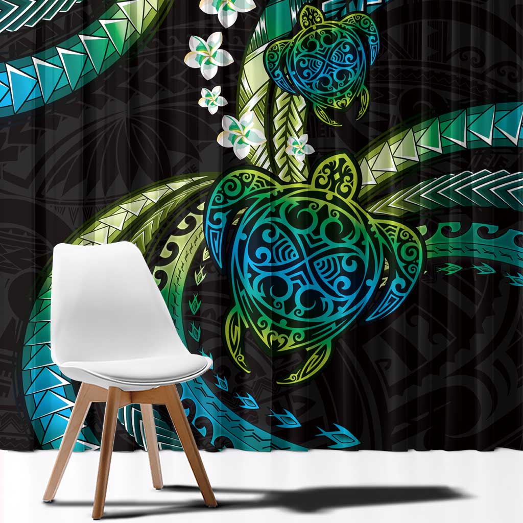 Hawaii Turtles Plumeria Window Curtain Chartreuse Cyan Polynesian Pattern