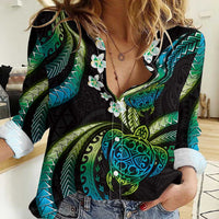 Hawaii Turtles Plumeria Women Casual Shirt Chartreuse Cyan Polynesian Pattern