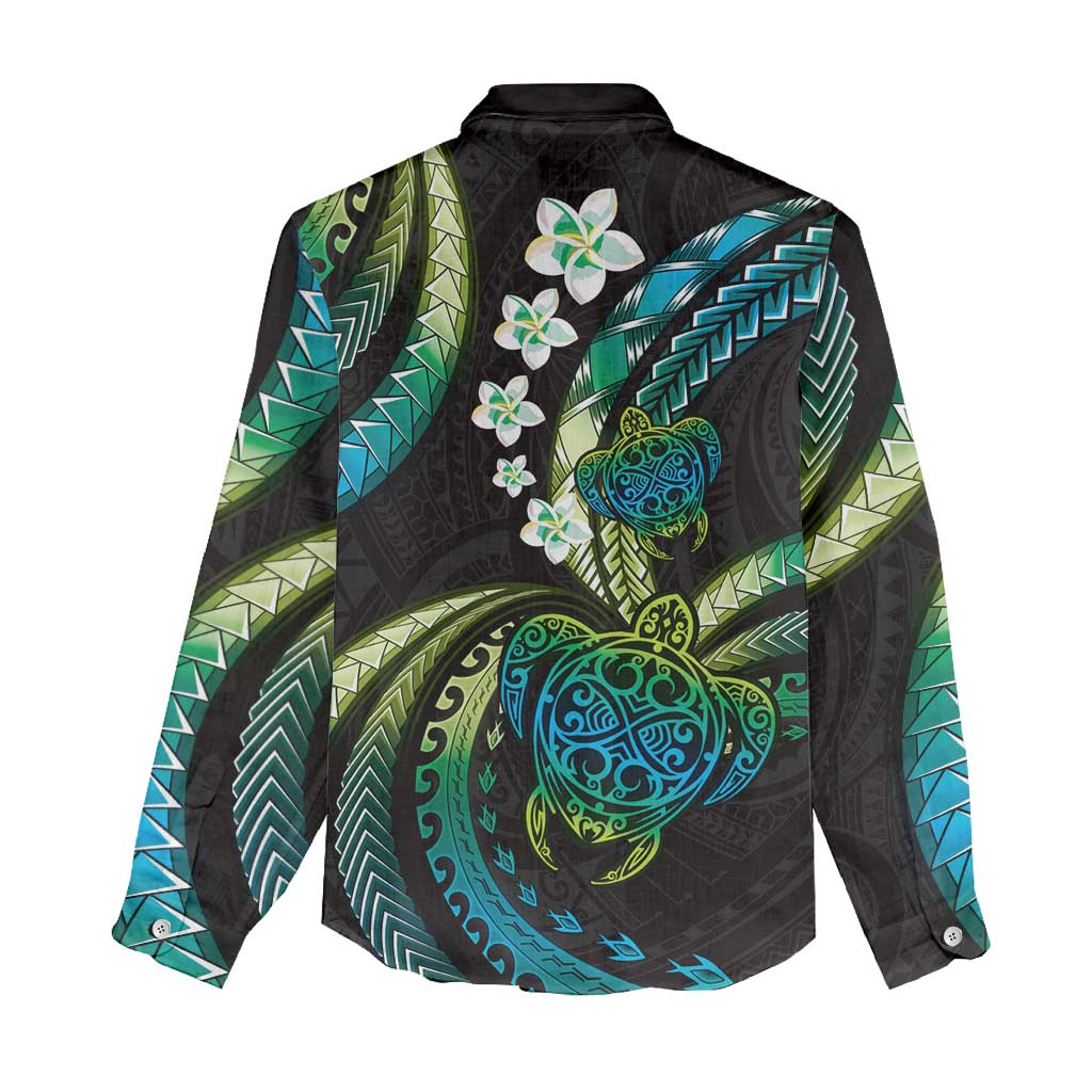 Hawaii Turtles Plumeria Women Casual Shirt Chartreuse Cyan Polynesian Pattern