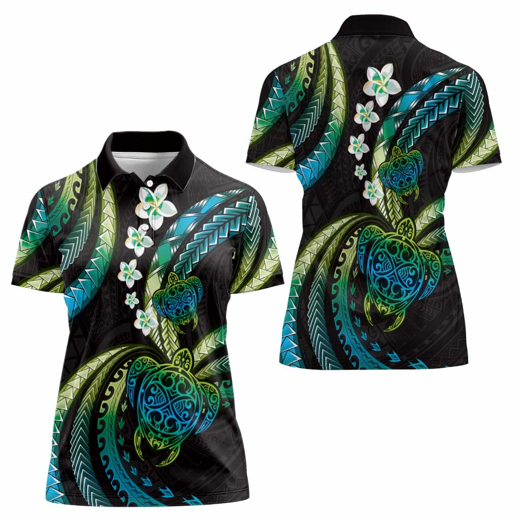 Hawaii Turtles Plumeria Women Polo Shirt Chartreuse Cyan Polynesian Pattern
