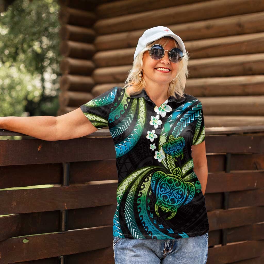 Hawaii Turtles Plumeria Women Polo Shirt Chartreuse Cyan Polynesian Pattern