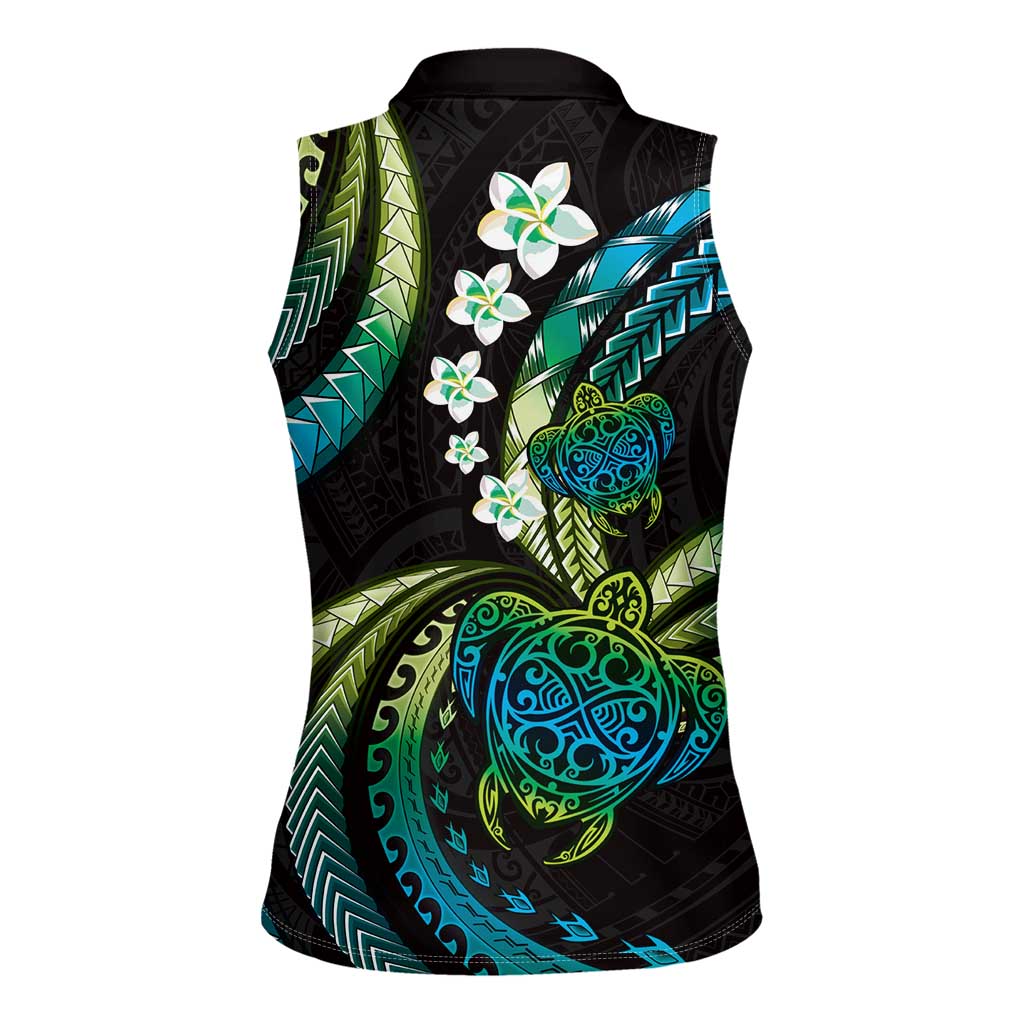 Hawaii Turtles Plumeria Women Sleeveless Polo Shirt Chartreuse Cyan Polynesian Pattern