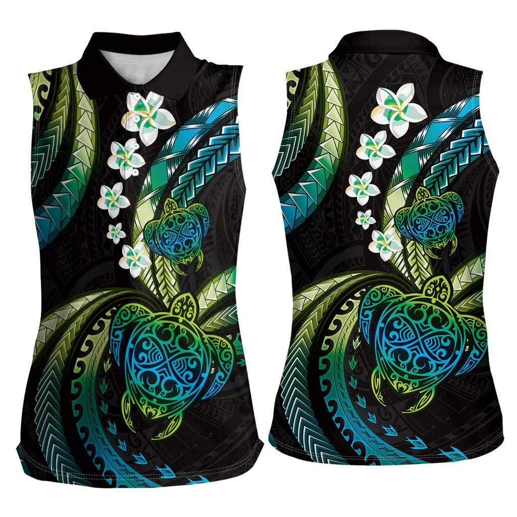 Hawaii Turtles Plumeria Women Sleeveless Polo Shirt Chartreuse Cyan Polynesian Pattern