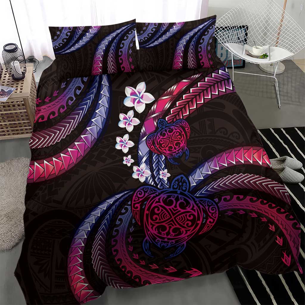 Hawaii Turtles Plumeria Bedding Set Sweet Gradient Polynesian Pattern