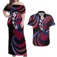 Hawaii Turtles Plumeria Couples Matching Off Shoulder Maxi Dress and Hawaiian Shirt Sweet Gradient Polynesian Pattern