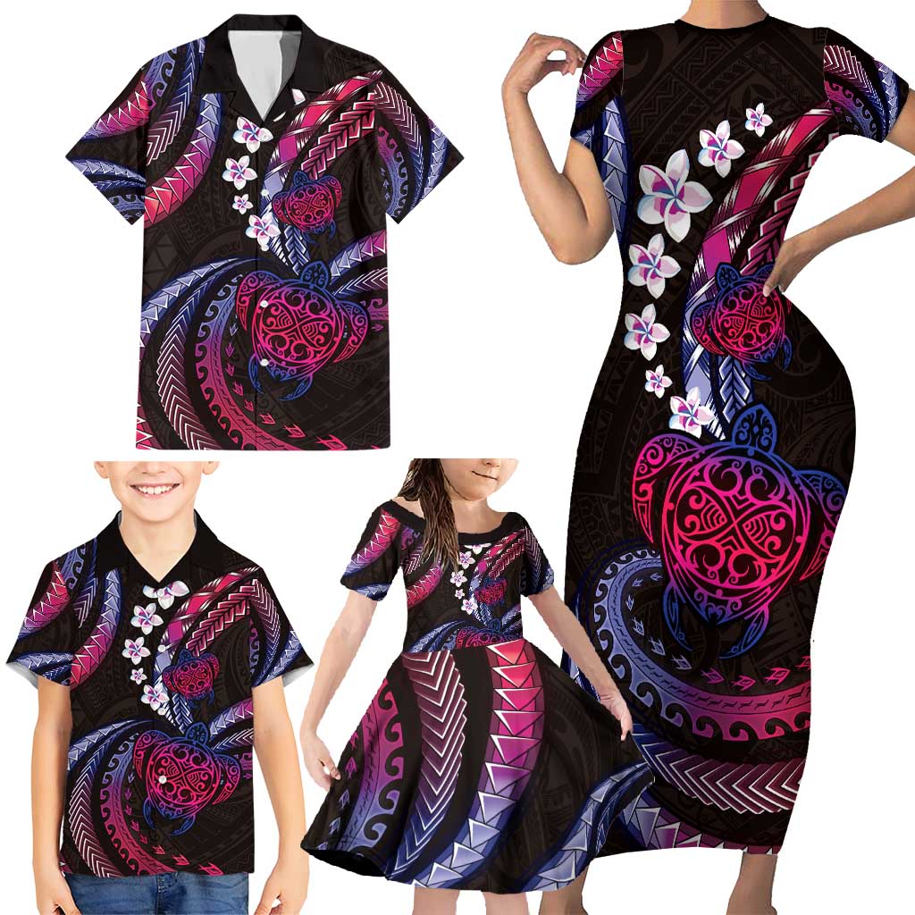 Hawaii Turtles Plumeria Family Matching Short Sleeve Bodycon Dress and Hawaiian Shirt Sweet Gradient Polynesian Pattern