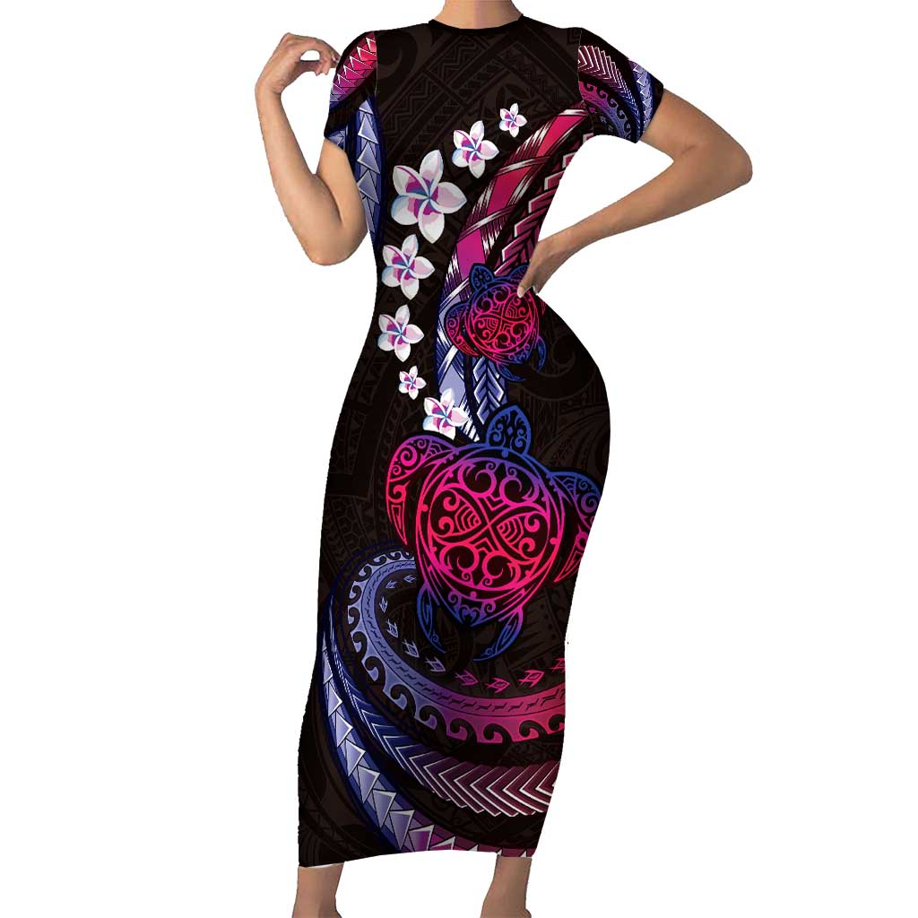 Hawaii Turtles Plumeria Family Matching Short Sleeve Bodycon Dress and Hawaiian Shirt Sweet Gradient Polynesian Pattern