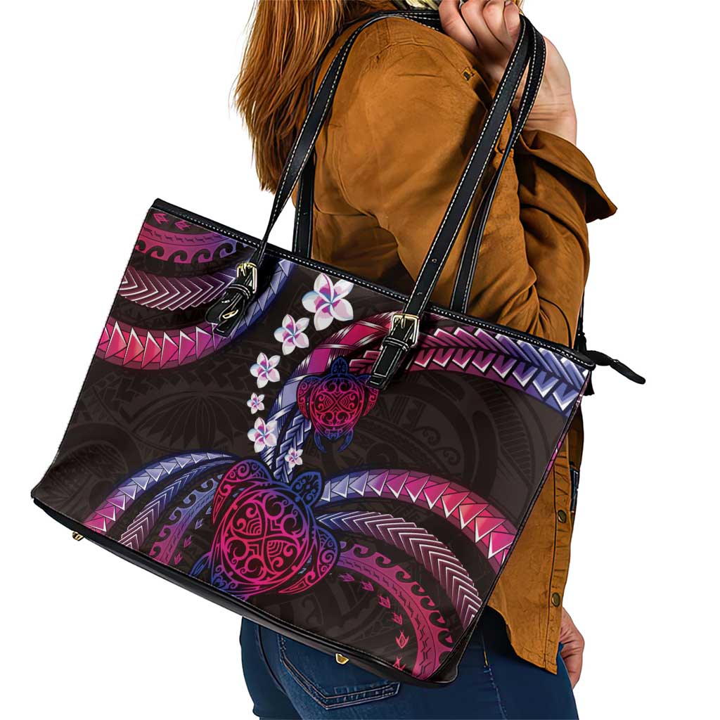 Hawaii Turtles Plumeria Leather Tote Bag Sweet Gradient Polynesian Pattern