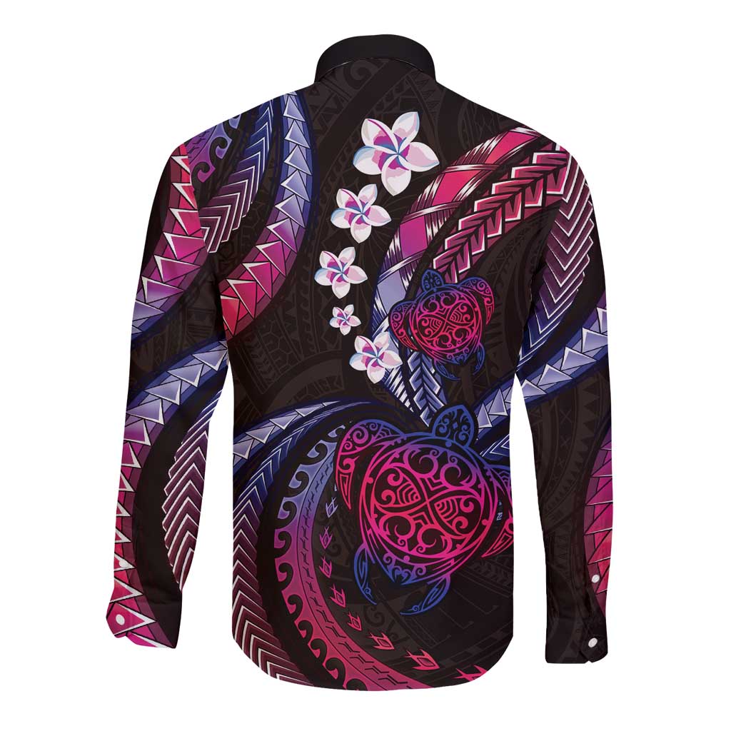 Hawaii Turtles Plumeria Long Sleeve Button Shirt Sweet Gradient Polynesian Pattern
